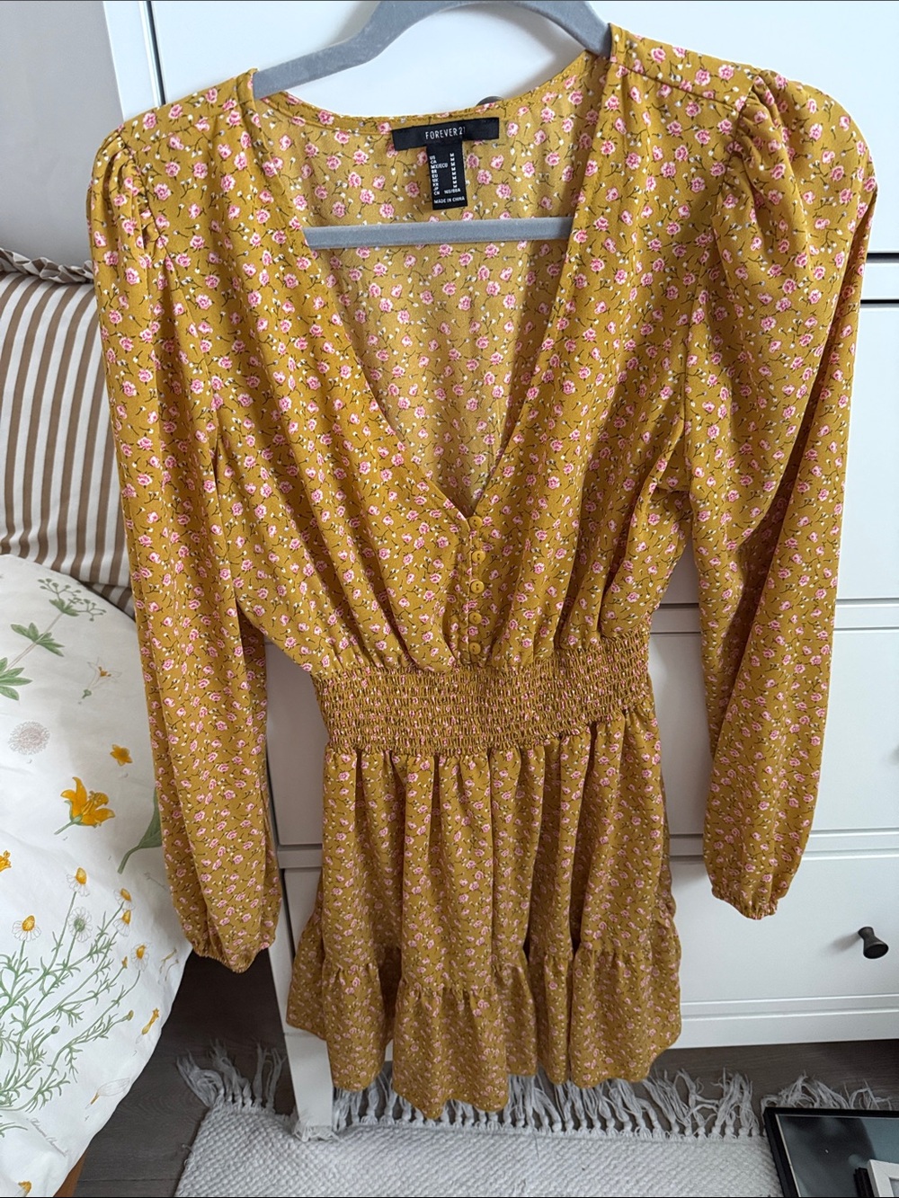 Forever 21 Mustard Yellow Floral Smocked Waist Mini Dress